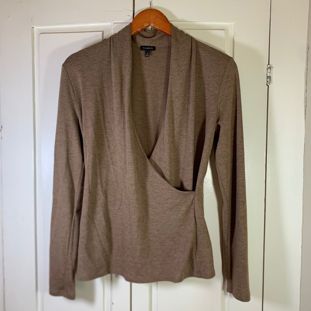 Talbots Womens Brown Heathered Wrap Surplice Long Sleeve Top Small Shawl Collar